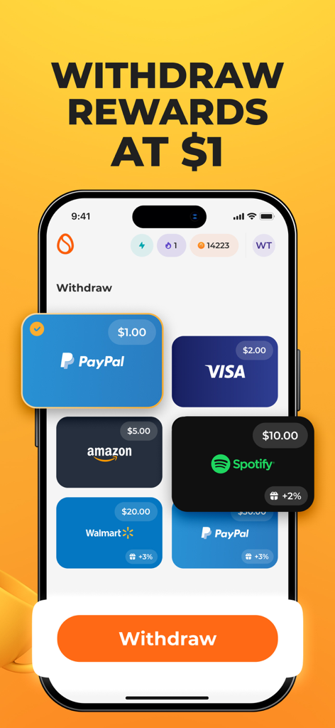 $1부터 시작하는 보상 인출 옵션을 보여주는 Scrambly 앱 화면