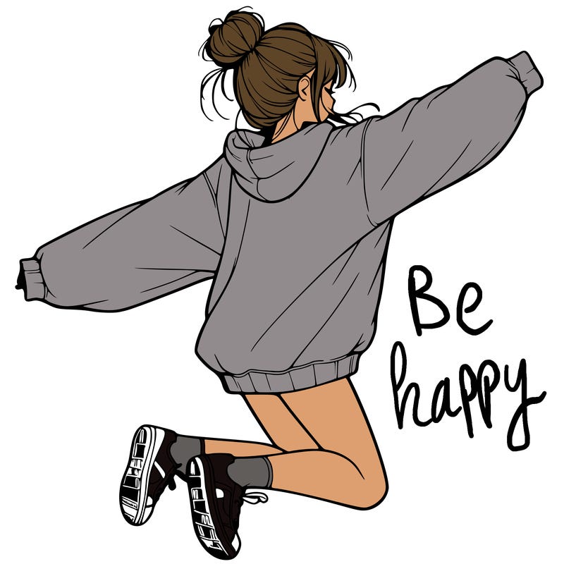 realistic girl jumping with a bun and oversized sweatshirt