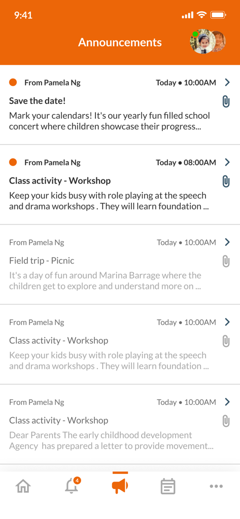 My First Skool Parent App - A tela de anúncios do My First Skool Parent App mostrando uma lista de notificações escolares e atualizações de eventos.