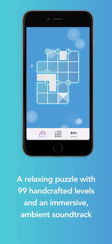 Radiant Grid - Um smartphone mostrando a interface do jogo Radiant Grid com um quebra-cabeça de lógica e blocos numerados.