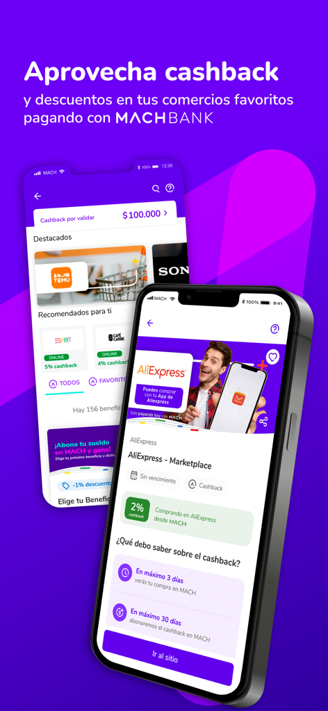 MACHBANK: Cuenta Corriente - Interfaz de la aplicación móvil MACHBANK con ofertas de cashback y descuentos en comercios