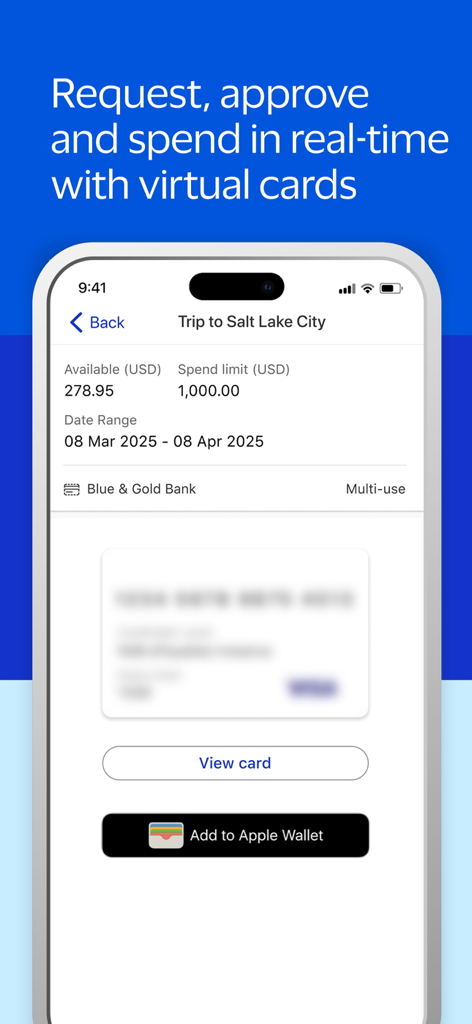 Spend Clarity Enterprise - Visa Spend Clarity Enterprise app interface showing virtual card details and spend limits for a corporate trip