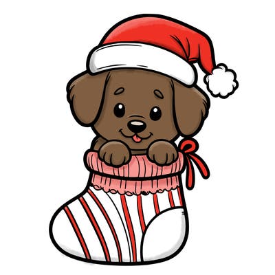 cute puppy wearing santa hat in socking