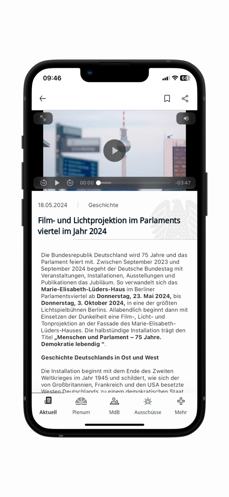 Deutscher Bundestag - 의회 행사와 관련된 독일어 텍스트 및 비디오 플레이어가 포함된 Deutscher Bundestag 앱의 뉴스 기사 화면