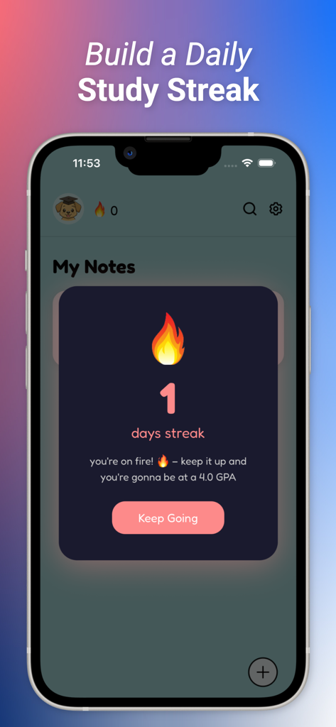 StudyPup - StudyPup mobile app screen showing a daily study streak notification with a fire icon.