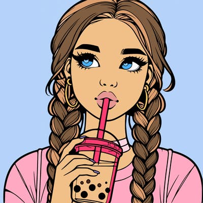 realistic girl with braided hair drinking boba