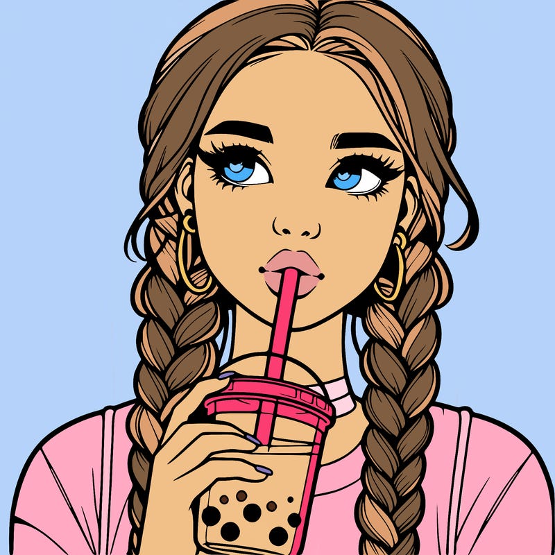 realistic girl with braided hair drinking boba