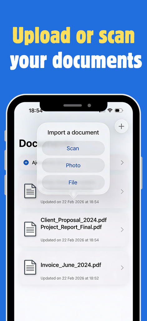 Signature Maker - Easign - Interface of the Easign app displaying options to scan a document or upload a photo or file for signing.