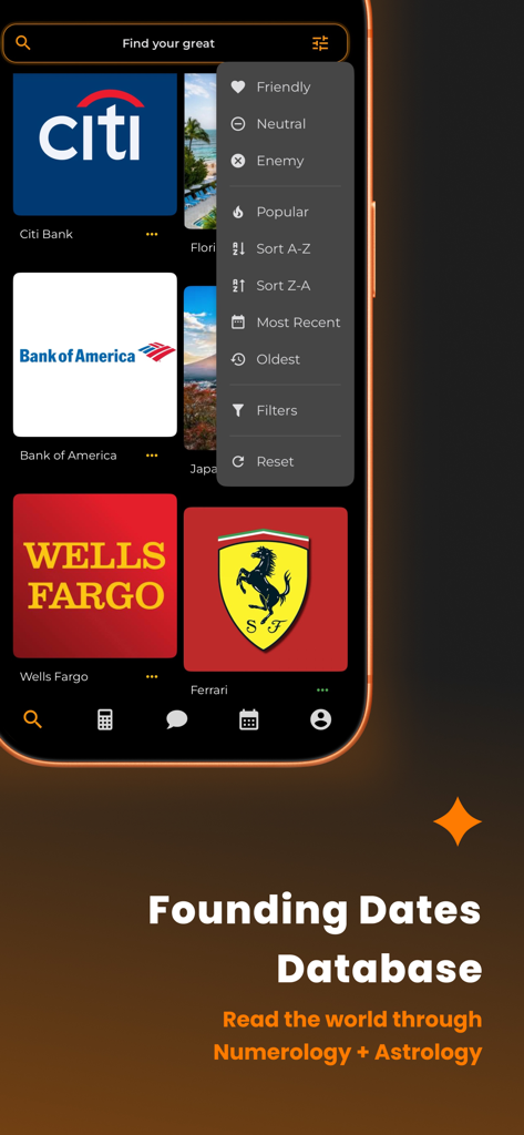 CUE占星術アプリの設立日データベース。ビジネス数秘術分析のためにCitiやFerrariなどの企業ロゴを掲載。