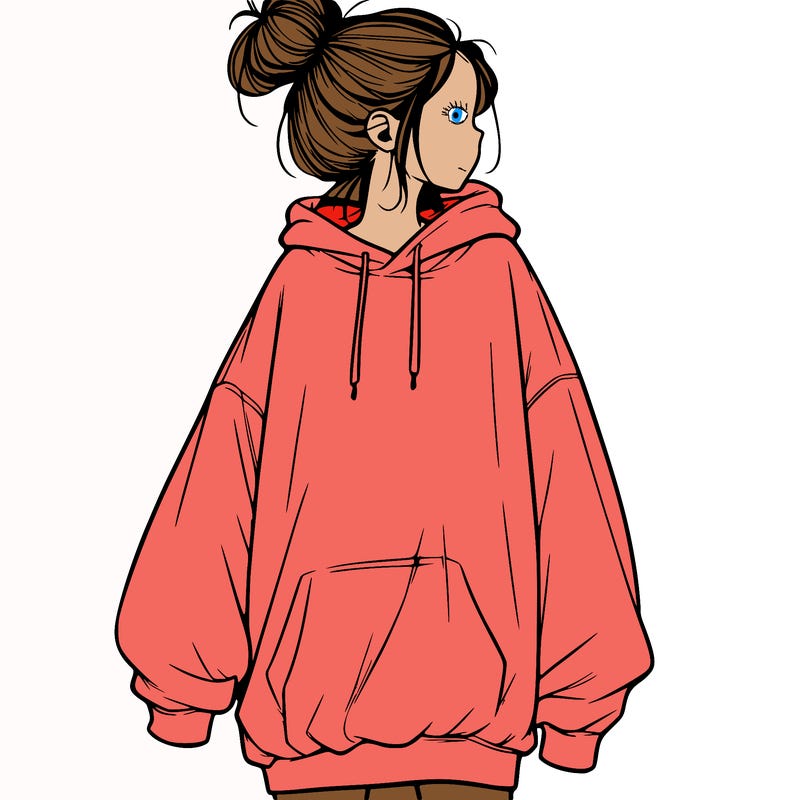 realistic girl with a oversized sweatshirt on and a bun