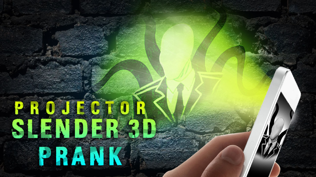 Projector Slender 3D Prank - A smartphone simulating the projection of a Slender Man image onto a dark brick wall with a green glow