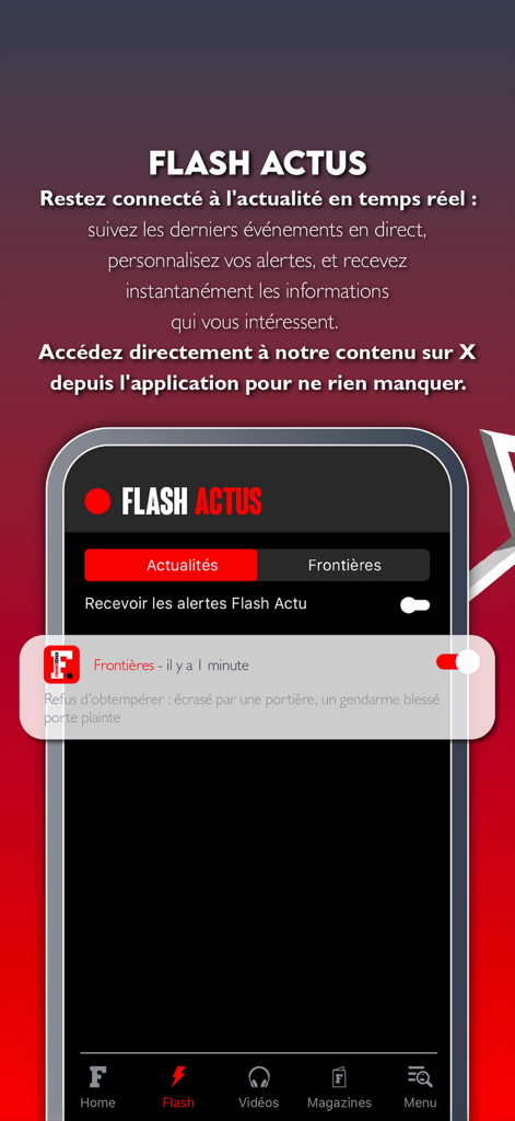 Frontieres Media mobile app interface showing real-time flash news alerts and notifications.