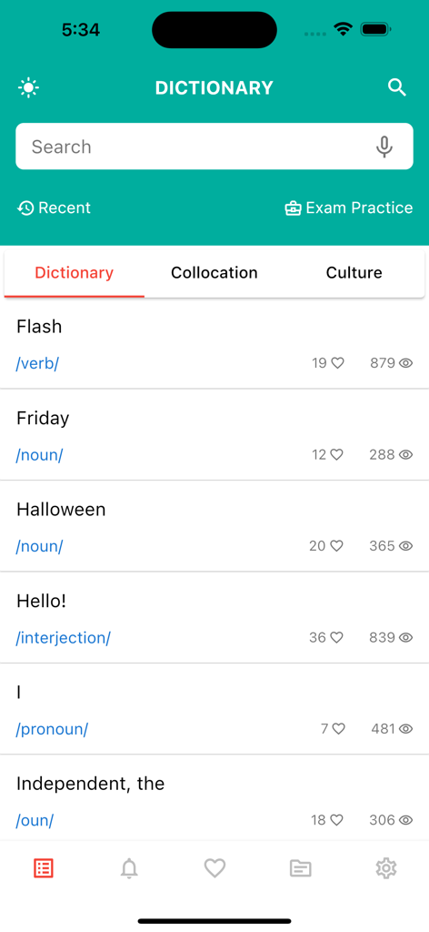Main screen of the LDOCE PRO English dictionary app with search bar and word list