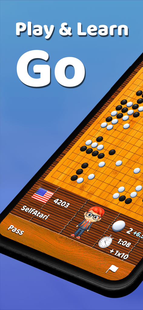 BadukPop Go - A mobile screen showing a Go game board with black and white stones and a cartoon player avatar.