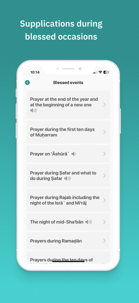 BaAlwi - Mobile screen showing a list of prayers and supplications for blessed Islamic occasions in the BaAlwi app.