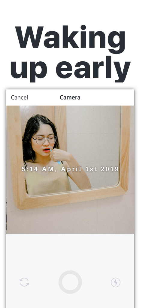 Screenshot of the Timestamp Camera app showing a woman brushing her teeth with a date and time stamp overlay.