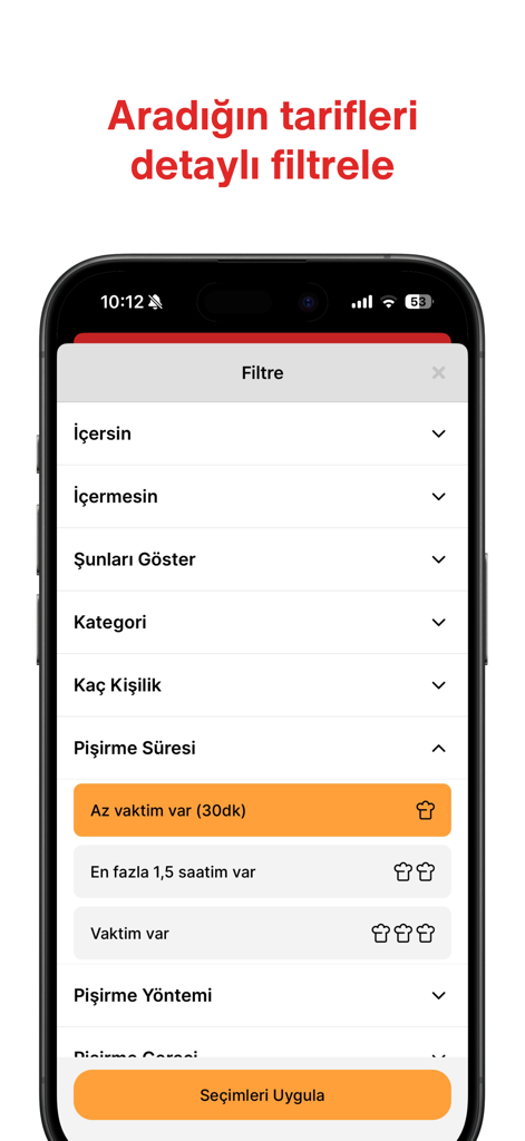 Detailed recipe filtering screen in the Nefis Yemek Tarifleri app interface.