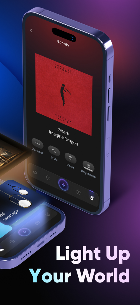 Led Light Controller Home App - Interfaz de la app de control de luces LED mostrando la función de sincronización musical con integración de Spotify