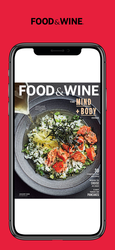 FOOD & WINE - Aplicativo Food and Wine exibindo a capa de uma revista com uma receita de tigela de arroz com salmão e gengibre