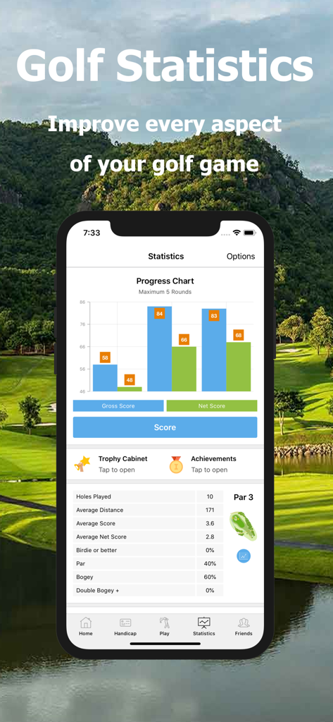 Golf Handicap - Online Golf - Golf Handicap app statistics screen showing a progress chart and detailed performance data