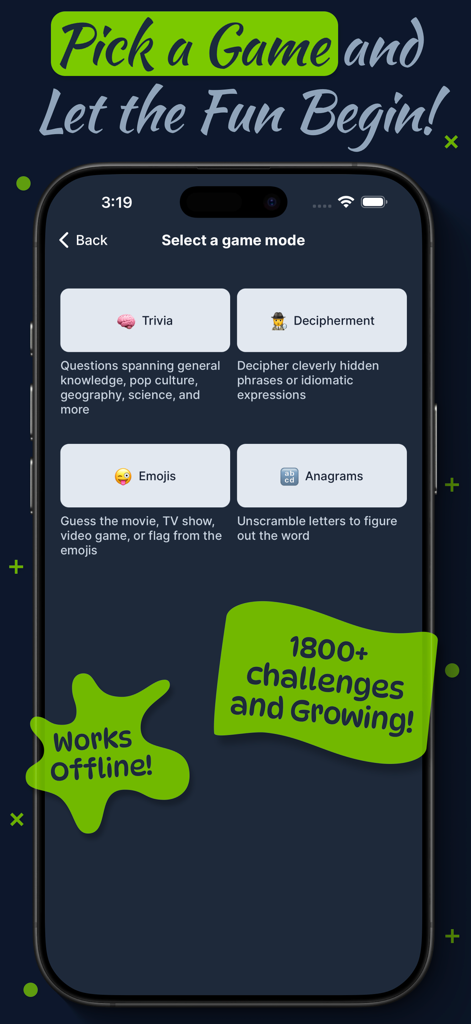 Decode Quest: Trivia Quiz Game - Selection screen for various game modes in the Decode Quest trivia app including Trivia Decipherment Emojis and Anagrams