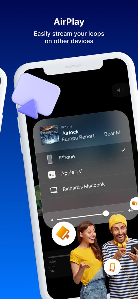 Loopideo Pro - Loop Videos - Pantalla de la aplicación Loopideo Pro mostrando opciones de AirPlay para transmitir repeticiones de vídeo a dispositivos externos como Apple TV y MacBook