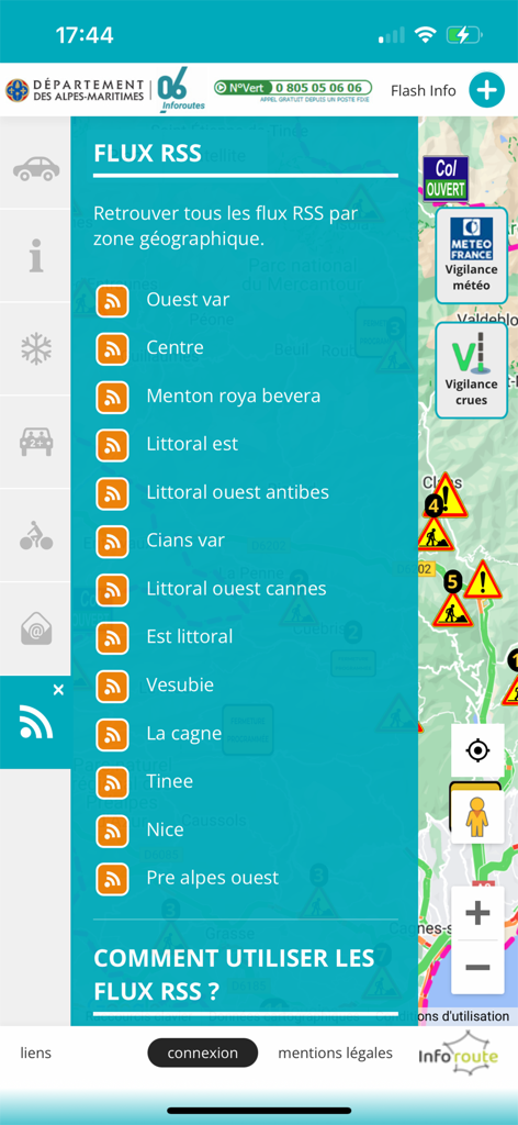 Inforoutes 06 - RSS feed menu for traffic updates by geographic zone in Alpes Maritimes