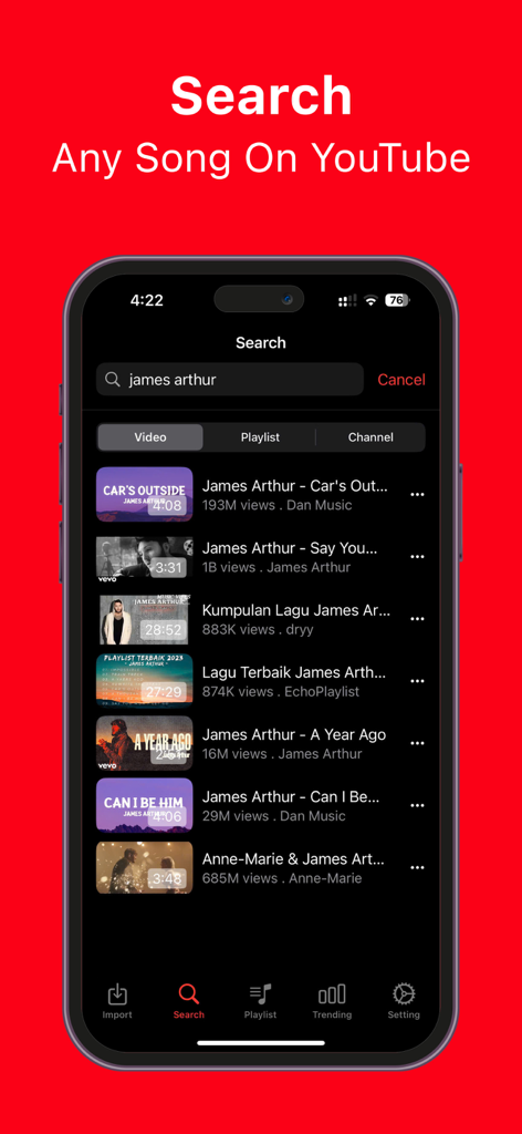 Oberfläche der Player GR App, die eine Liste von Suchergebnissen für YouTube-Musikvideos anzeigt