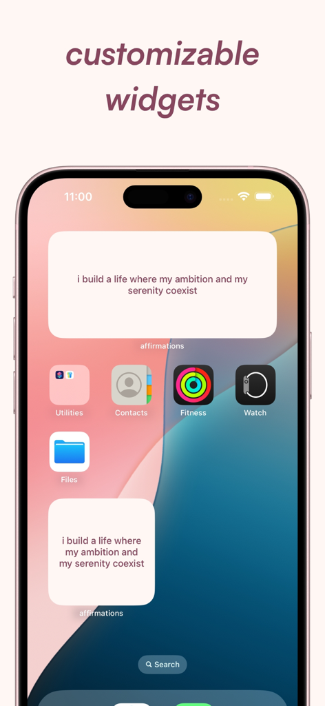 affirmations - self love daily - iPhone home screen showing customizable daily affirmation widgets with a positive self love message.
