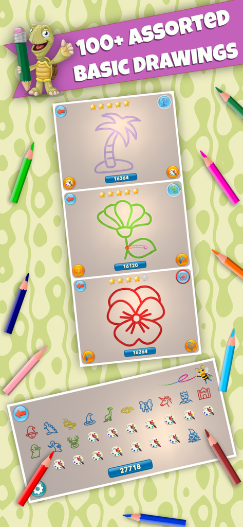 BeeArtist PRO - Learn to Draw - Interface de BeeArtist PRO montrant différents niveaux de dessin d'un palmier et de fleurs avec une galerie de plus de 100 gribouillis variés.