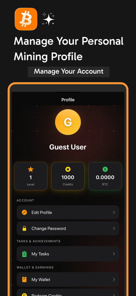 Pantalla de perfil de usuario de una aplicación simuladora de minería de Bitcoin que muestra créditos, niveles y ajustes de gestión de cuenta.