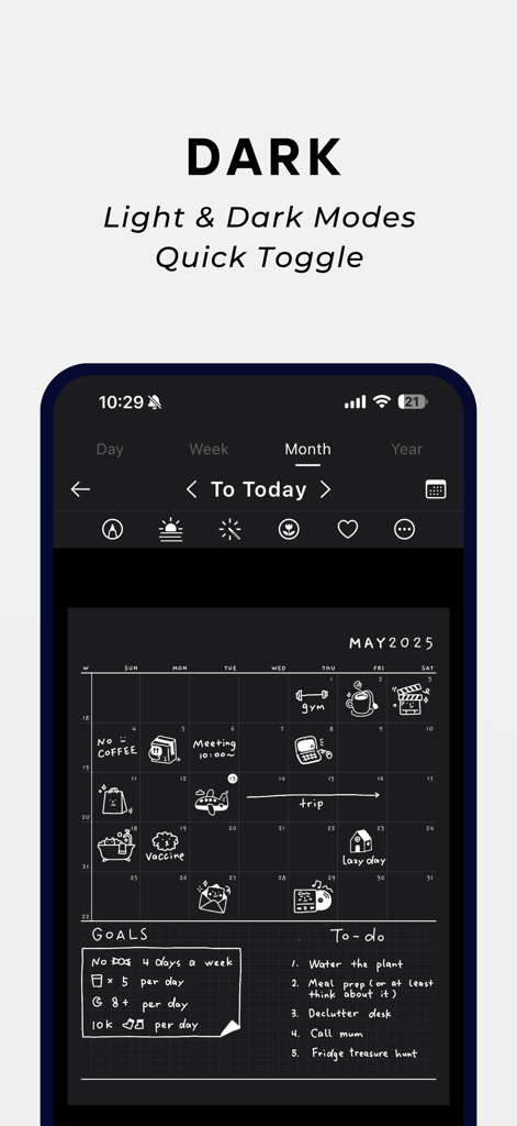 Mino: Minimal Journal & Diary - Mino app dark mode interface showing a minimalist monthly bullet journal layout with hand-drawn icons and to-do lists