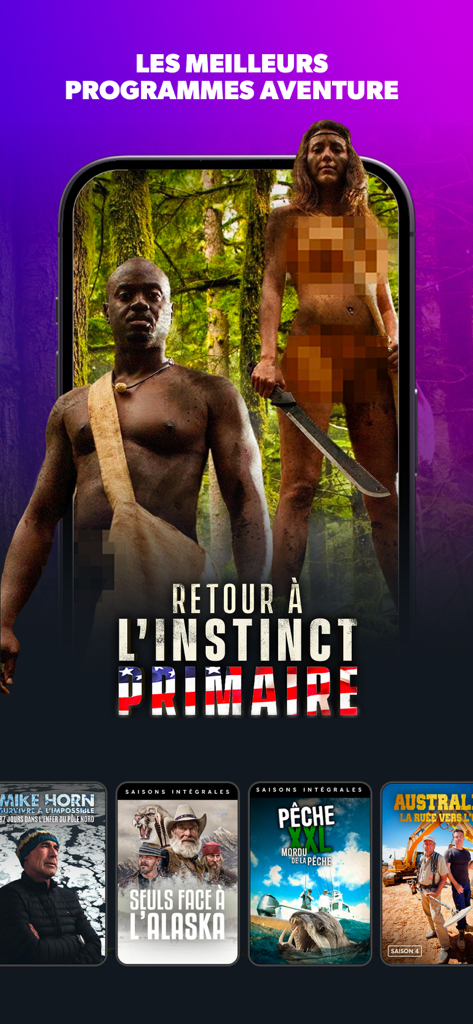 RMC BFM Play–Direct TV, Replay - Écran de l'application RMC BFM Play montrant des programmes d'aventure et de survie.