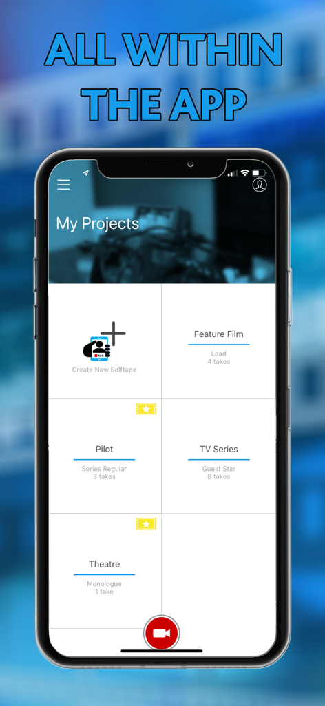 My Selftape App - My Selftape App dashboard displaying various audition projects like feature films and TV series on a smartphone screen