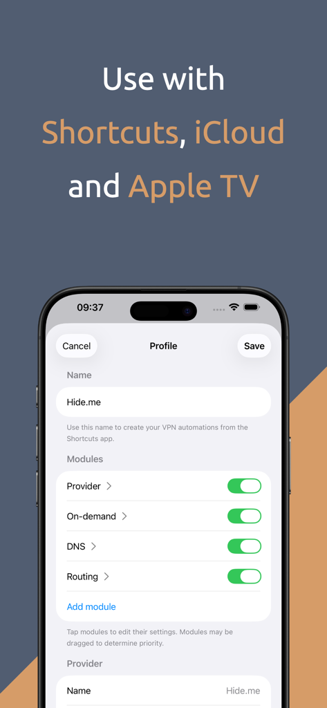 Passepartout, VPN Client - Passepartout VPN client profile configuration screen highlighting integration with Shortcuts iCloud and Apple TV