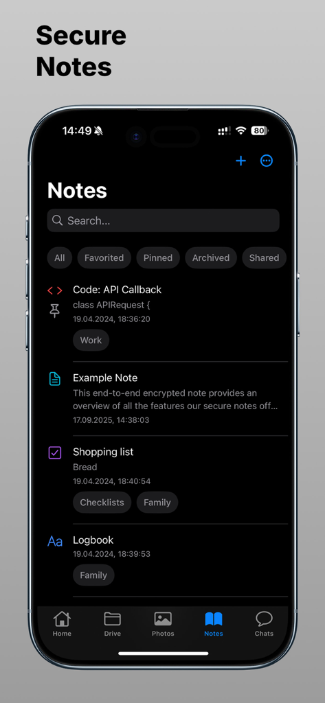 Filen - Cloud Storage - A mobile interface of the Filen app showing a list of secure and encrypted notes in dark mode