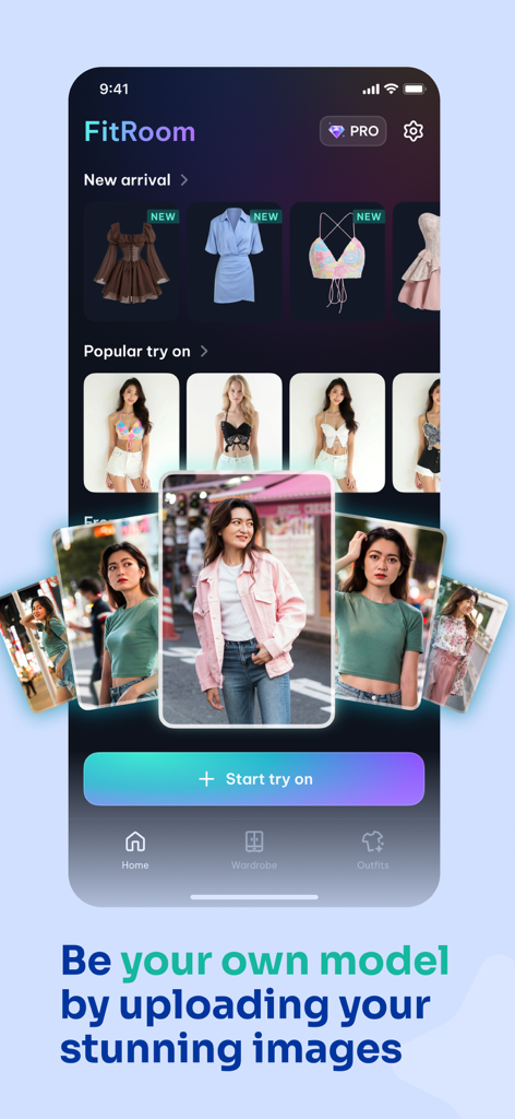 FitRoom app interface showcasing the AI virtual try-on feature with a variety of clothing options and a button to start the try-on process.