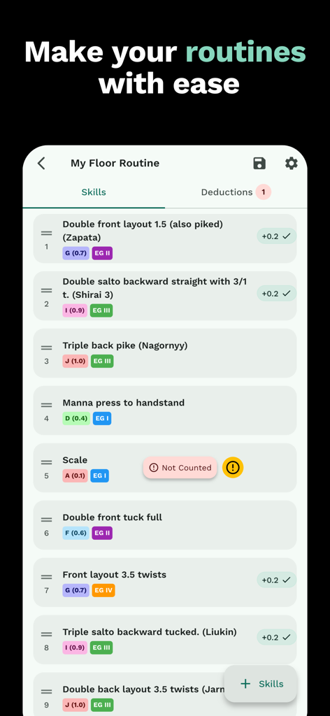 Gym Art - Gym Art mobile app interface showing the floor routine builder with a list of gymnastics skills and their difficulty values