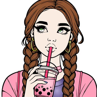 realistic girl with braided hair drinking boba