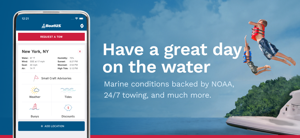 BoatUS app displaying marine weather and towing assistance features on a smartphone