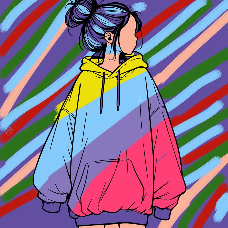 realistic girl with a oversized sweatshirt on and a bun