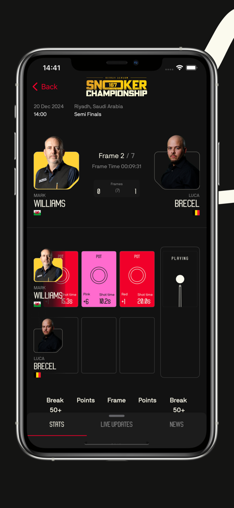 公式ワールド・スヌーカー・ツアーアプリのライブ試合画面、マーク・ウィリアムズ対ルーカ・ブライセルのフレームデータとプレイヤーのショット統計を表示