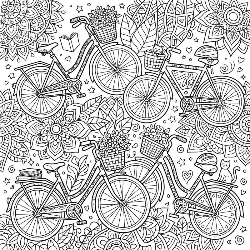 Dive into a world of intricate designs with this captivating bicycle coloring page, perfect for artistic teens seeking a creative challenge. Featuring detailed bikes amidst a backdrop of charming patterns, it offers hours of engaging relaxation.