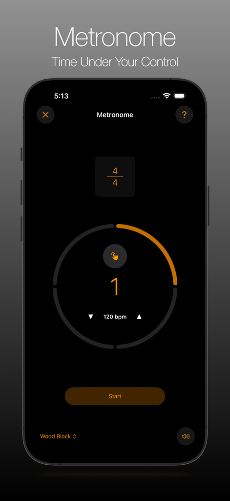 Scale-Up! - A minimalist metronome interface within the Scale-Up music app featuring 120 bpm and 4 4 time signature on a dark background