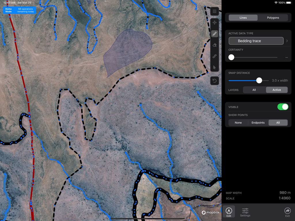 Mapboard GIS - Mapboard GIS interface showing geological line drawing and bedding trace tools over a satellite map on iPad