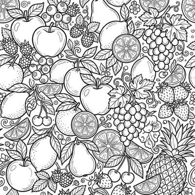 Explore a delicious collection of fruits in this intricate line art coloring pattern. From crisp apples to juicy berries, this detailed design offers a captivating coloring experience for fruit lovers.