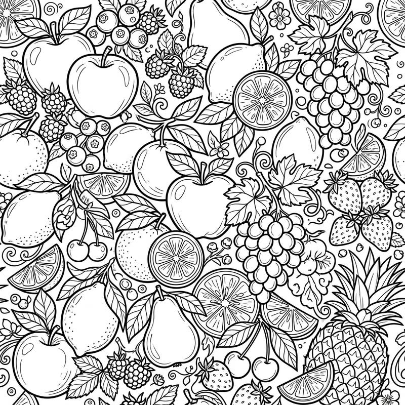 Explore a delicious collection of fruits in this intricate line art coloring pattern. From crisp apples to juicy berries, this detailed design offers a captivating coloring experience for fruit lovers.