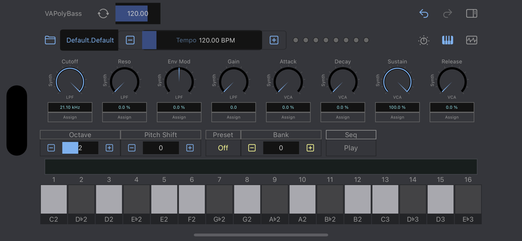 VAPolyBass - VAPolyBass app interface showing synthesizer controls and a step sequencer