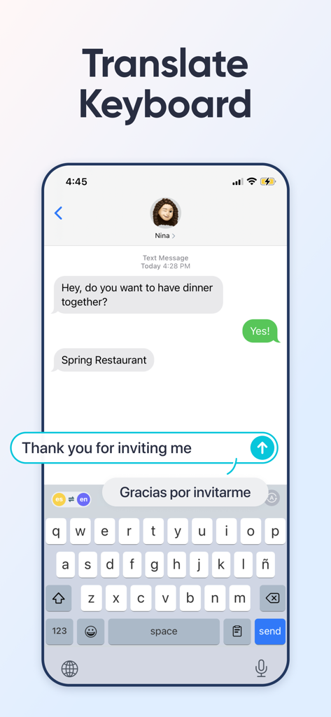 UDictionary Translator - A smartphone screen showing the UDictionary Translate Keyboard being used to translate a text message from English to Spanish within a chat app