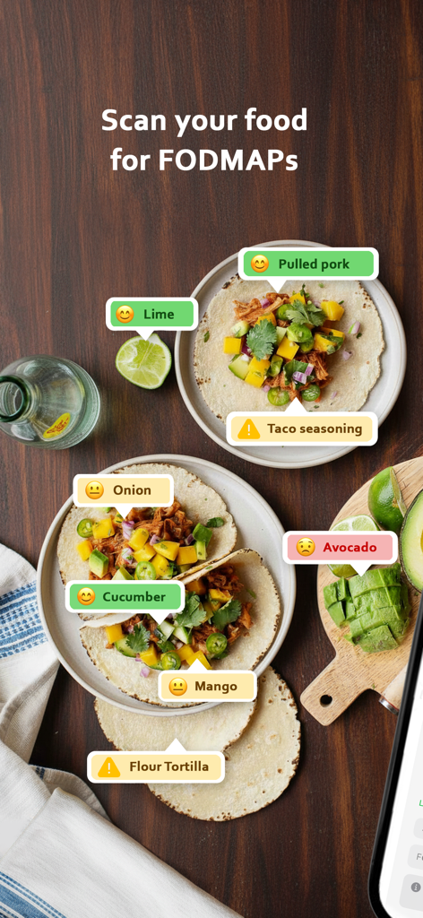 AI food scanner identifying FODMAP ratings of taco ingredients on a plate